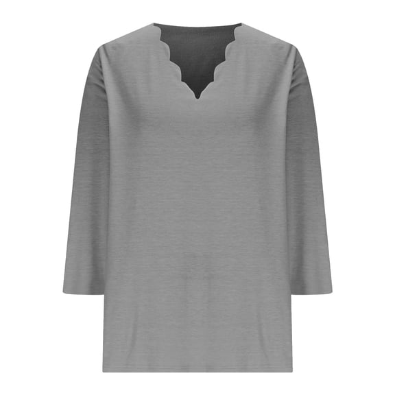 Ltctricy T Shirts for Women Fashion 3/4 Length Sleeve V Neck Scalloped Trim Solid Color Tunic Tops Casual Loose Tee Blouses(Gray,Large)