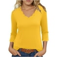 thumbnail image 1 of Ltctricy T Shirts for Women Fashion 3/4 Length Sleeve V Neck Scalloped Trim Solid Color Tunic Tops Casual Loose Tee Blouses(Yellow,Large), 1 of 6