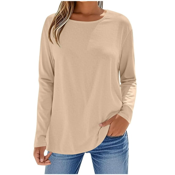 Ltctricy T Shirts for Women Fashion Long Sleeve Crew Neck Solid Color Basic Tee Tops Casual Loose Tunic Blouses