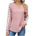 thumbnail image 1 of Ltctricy T Shirts for Women Lace Patchwork Long Sleeve V Neck Ribbed Knit Tunic Tops Casual Loose Tee Blouses(Pink,Medium), 1 of 7