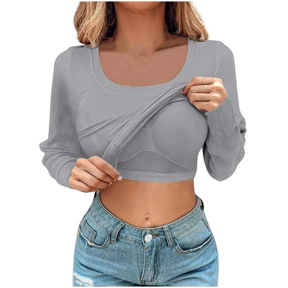 Ltctricy T Shirts for Women Long Sleeve Square Neck Solid Color Ribbed Slim Tunic Tops with Built in Bra Soft Casual Tees(Gray,Large)