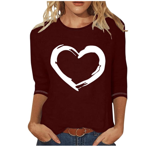 Ltctricy T Shirts for Women Plus Size 3/4 Length Sleeve Crew Neck Heart Printed Tunic Tops Casual Graphic Tees(Wine,Small)