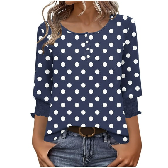 Ltctricy T Shirts for Women Ruffle 3/4 Length Sleeve Crew Neck Quarter Button Printed Casual Loose Tunic Tops Graphic Tee Blouses(Navy,Small)