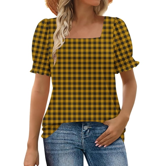 Ltctricy T Shirts for Women Ruffle Lantern Short Sleeve Square Neck Plaid Tunic Tops Dressy Casual Tee Blouses