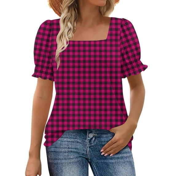 Ltctricy T Shirts for Women Ruffle Lantern Short Sleeve Square Neck Plaid Tunic Tops Dressy Casual Tee Blouses