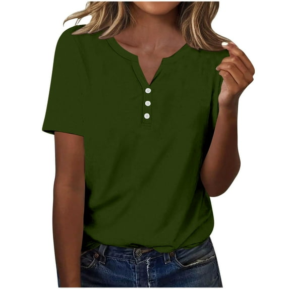Ltctricy T Shirts for Women Soft Casual Short Sleeve V Neck Quarter Button Solid Color Tunic Tops Loose Tee Blouses