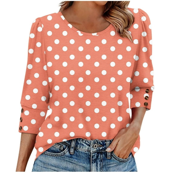 Ltctricy T Shirts for Women Trendy 3/4 Length Sleeve Crew Neck Printed Casual Loose Tunic Tops Graphic Tee Blouses(Orange,Large)