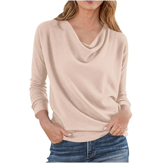 Ltctricy T Shirts for Women Trendy Long Sleeve Cowl Neck Solid Color Soft Casual Tunic Tops Loose Tee Blouses(Beige,Large)