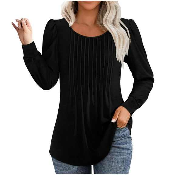 Ltctricy T Shirts for Women Trendy Long Sleeve Crew Neck Pleated Dressy Casual Babydoll Tunic Tops Loose Tee Blouses(Black,Large)