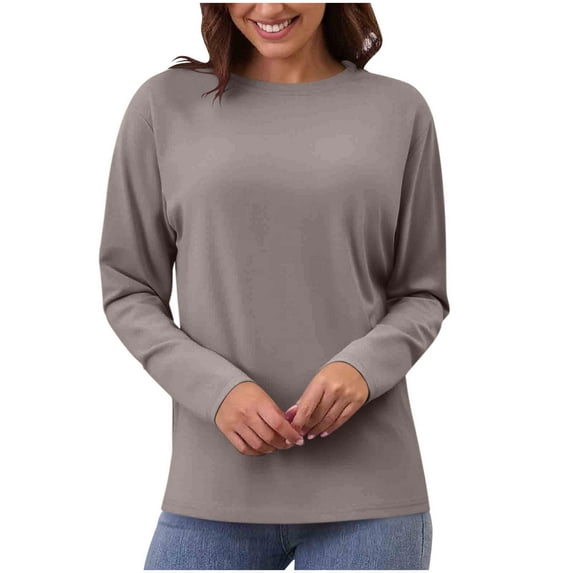 Ltctricy T Shirts for Women Trendy Long Sleeve Crew Neck Solid Color Basic Tee Tops Casual Loose Tunic Blouses(Dark Gray,Small)