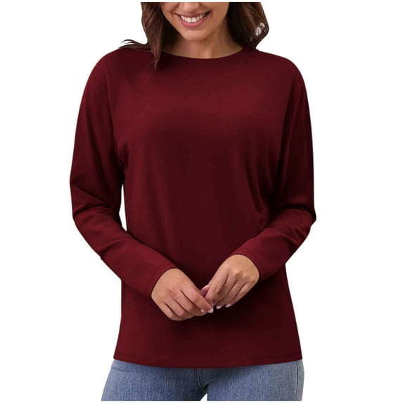 Ltctricy T Shirts for Women Trendy Long Sleeve Crew Neck Solid Color Basic Tee Tops Casual Loose Tunic Blouses(Wine,X-Large)