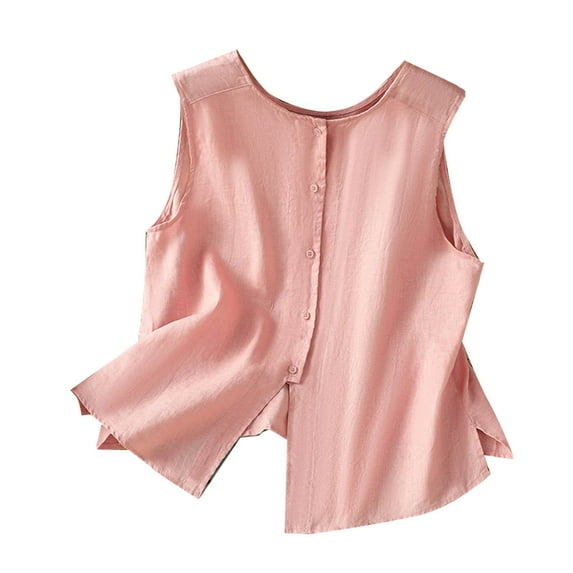 Ltctricy Tank Tops for Women Trendy Cotton Linen Crew Neck Sleeveless Button down Shirts Summer Casual Loose Blouses