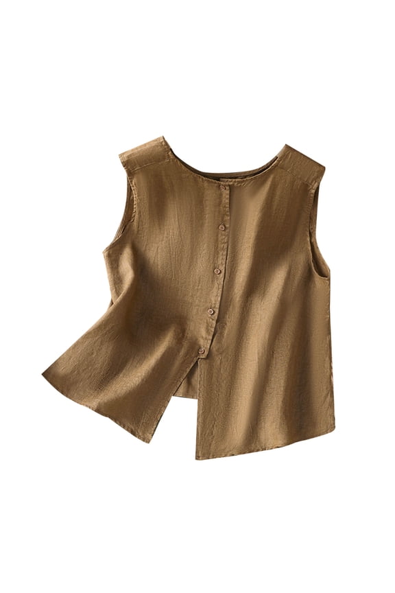 Tank Tops for Women Trendy Cotton Linen Crew Neck Sleeveless Button down Shirts Summer Casual Loose Blouses