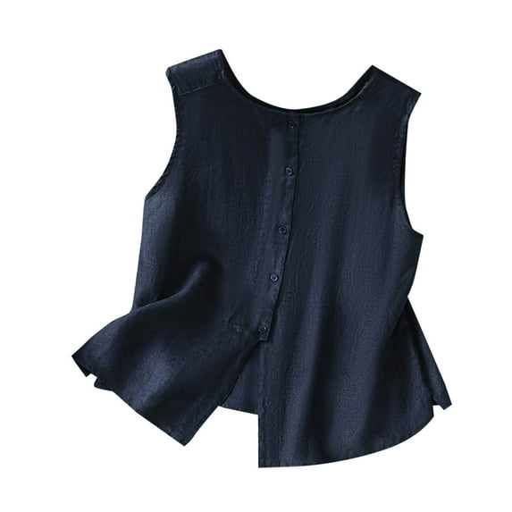 Ltctricy Tank Tops for Women Trendy Cotton Linen Crew Neck Sleeveless Button down Shirts Summer Casual Loose Blouses