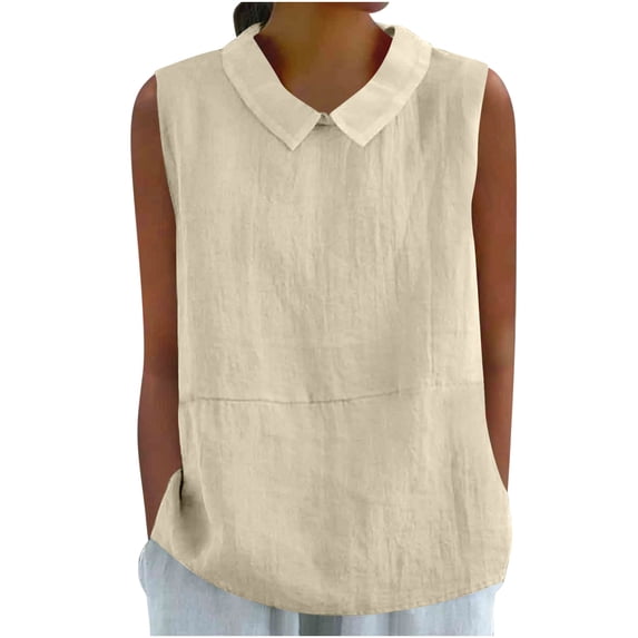 Ltctricy Tank Tops for Women Trendy Summer Cotton Linen Solid Color Collared Sleeveless Shirts Casual Loose Tunic Blouses