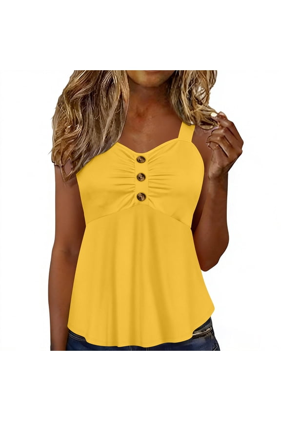Tank Tops for Women V Neck Strap Quarter Button Ruched Sleeveless Babydoll T-Shirts Casual Cami Tunic Blouses