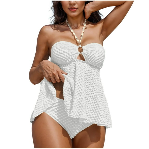 Ltctricy Tankini Swimsuits for Women Halter Tie Back Ruffle Babydoll Swim Top with Bottom Textured Bathing Suits Two Piece Swimsuits