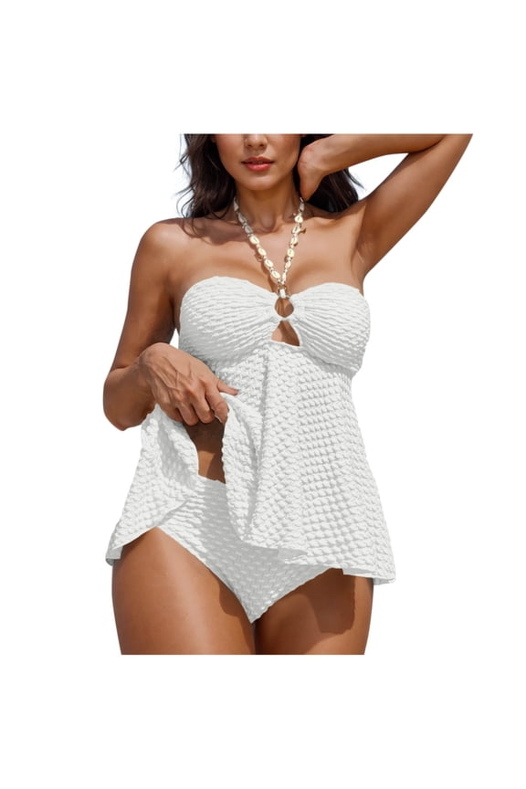 Tankini Swimsuits for Women Halter Tie Back Ruffle Babydoll Swim Top with Bottom Textured Bathing Suits Two Piece Swimsuits