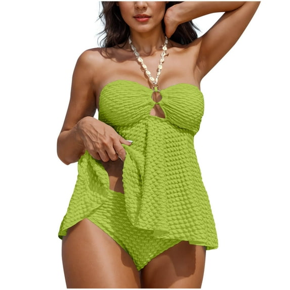Ltctricy Tankini Swimsuits for Women Halter Tie Back Ruffle Babydoll Swim Top with Bottom Textured Bathing Suits Two Piece Swimsuits