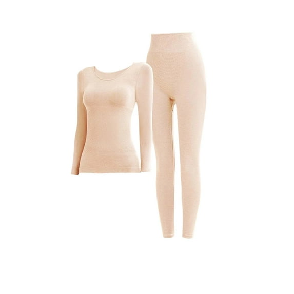 Ltctricy Thermal Underwear Fleece Lined Long Sleeve Crew Neck Slim Undershirts and High Waisted Leggings 2 Piece Base Layer Sets(Beige,Large)