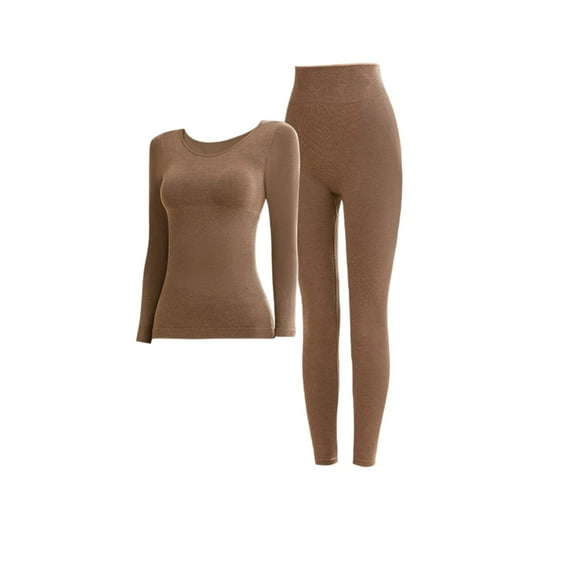 Ltctricy Thermal Underwear Fleece Lined Long Sleeve Crew Neck Slim Undershirts and High Waisted Leggings 2 Piece Base Layer Sets(Brown,X-Large)