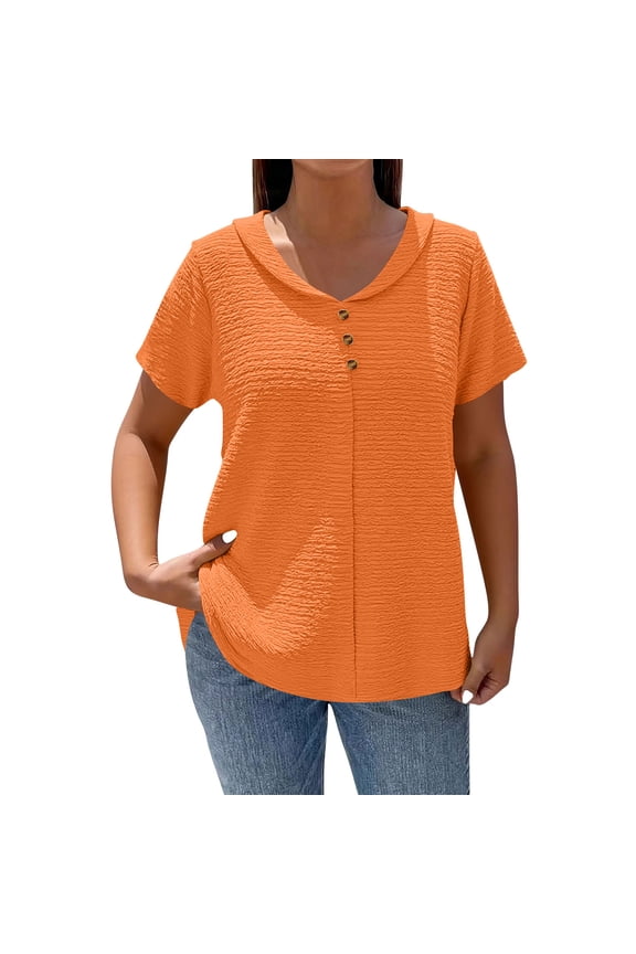 Tops for Women Crew Neck Short Sleeve Button Blouses Collared Textured Shirts Casual Trendy Clothing
