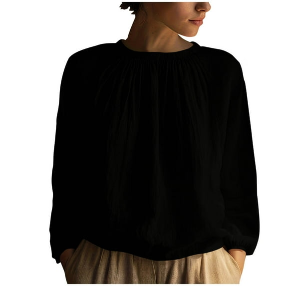Ltctricy Tops for Women Trendy Lantern Long Sleeve Crew Neck Open Back Solid Color Pleated T Shirts Casual Loose Blouses