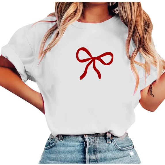 Ltctricy Tops for Women Trendy Short Sleeve Crew Neck Bow Printed T-Shirts Casual Graphic Tees Loose Fit Blouses