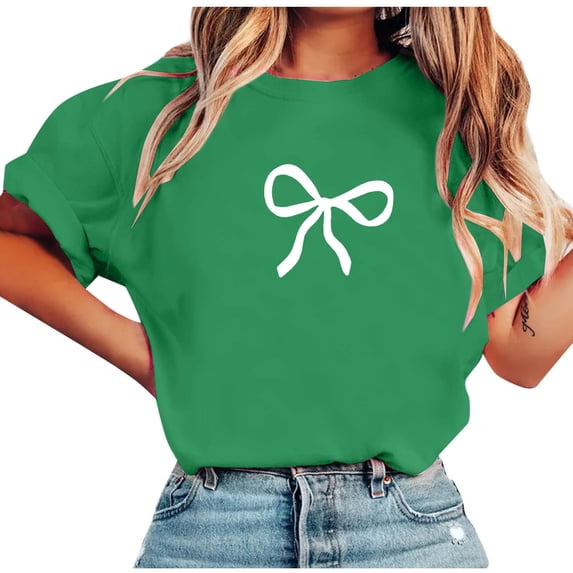 Ltctricy Tops for Women Trendy Short Sleeve Crew Neck Bow Printed T-Shirts Casual Graphic Tees Loose Fit Blouses