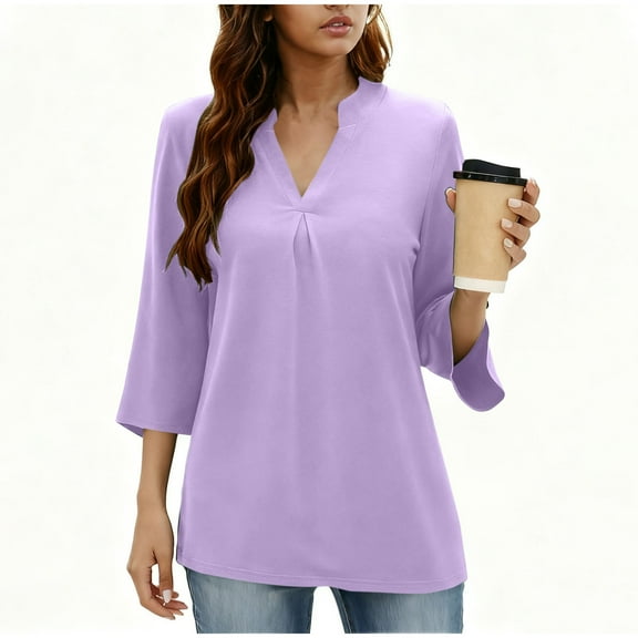 Ltctricy Tunic Tops for Women Dressy Casual 3/4 Length Sleeve V Neck T Shirts Business Work Shirts Loose Office Blouses(Purple,X-Large)
