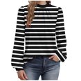 thumbnail image 1 of Ltctricy Tunic Tops for Women Lantern Long Sleeve Mock Neck Pleated Front Curved Hem Striped T Shirts Dressy Casual Blouses(Black,X-Large), 1 of 6