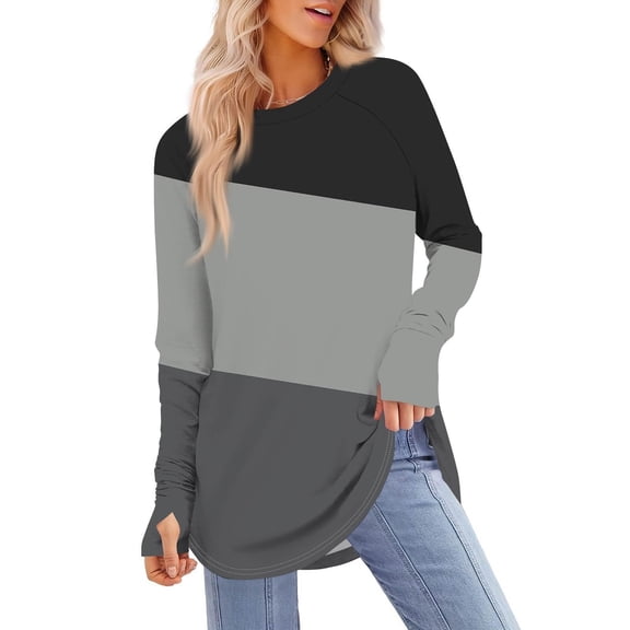 Ltctricy Tunic Tops for Women Long Sleeve Crew Neck Curved Hem Color Block Oversized T Shirts Casual Tee Blouses with Thumb Holes(Black,Medium)