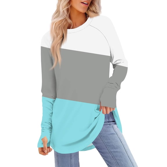Ltctricy Tunic Tops for Women Long Sleeve Crew Neck Curved Hem Color Block Oversized T Shirts Casual Tee Blouses with Thumb Holes(Light Blue,Medium)