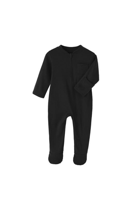Unisex Baby Footed Jumpsuits Newborn Infant Long Sleeve V Neck Zip up Cotton Rompers One Piece Outfits(Black,6-9 Months)