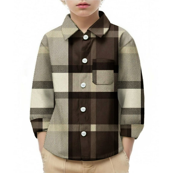 Ltctricy Unisex Boys Girls' Plaid Shirts Toddler Baby Long Sleeve Collared Button down Shirts Casual School Tops for Children 6 M-8 Y(Brown,7-8 Years)