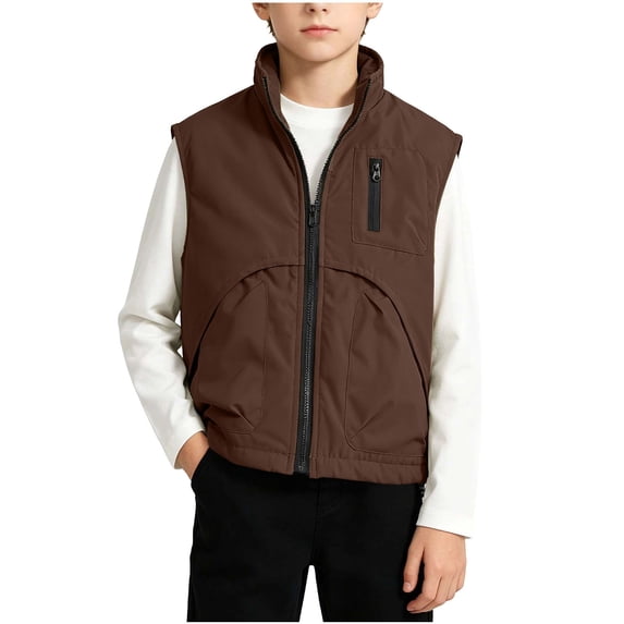 Ltctricy Unisex Kids and Toddlers Vest Boys Girls Zip Up Jacket Stand Collar Sleeveless Outerwear for Outdoor(Brown,11-12 Years)
