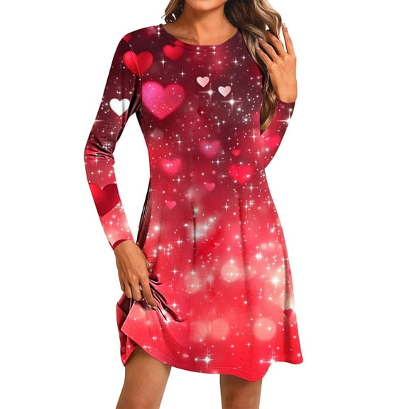 Ltctricy Valentine's Day Dresses for Women Lounge Long Sleeve A-Line Beach Dress Casual Fashion Crewneck Flowy Dress