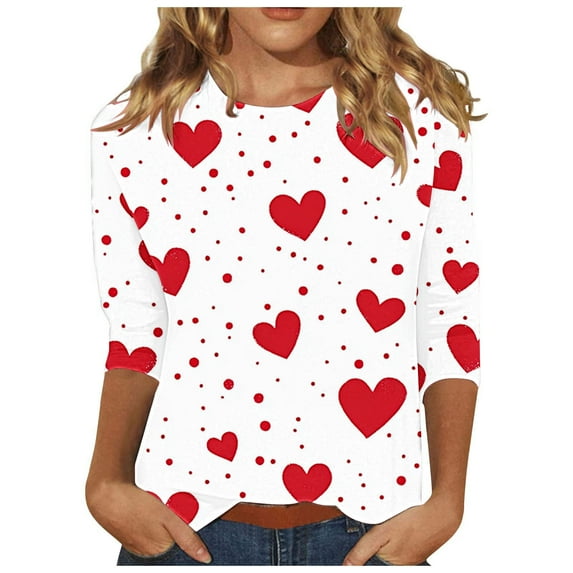 Ltctricy Valentine's Day Tops for Women Fall Winter Fashion Outfits Cute Heart Print Crewneck 3/4 Sleeve T-Shirt