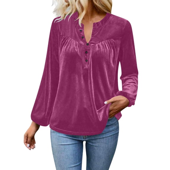 Ltctricy Velvet Tops for Women Lantern Long Sleeve V Neck Half Button Pleated Dressy Casual T Shirts Loose Vintage Blouses(Pink,Small)