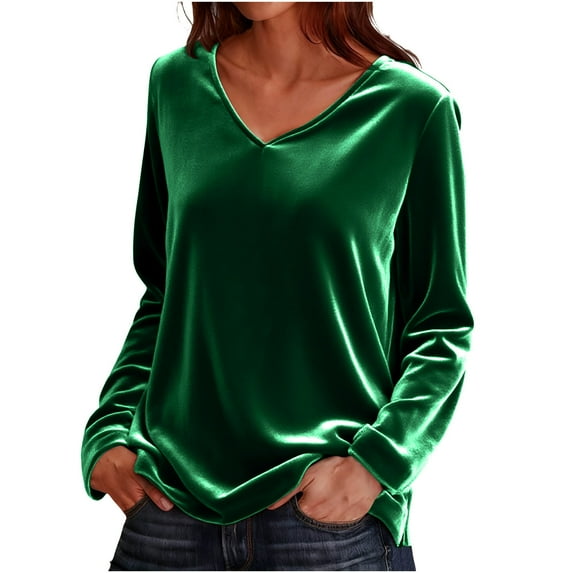 Ltctricy Velvet Tops for Women Vintage Long Sleeve V Neck Dressy Casual Velour T Shirts Soft Comfy Tees Loose Tunic Blouses(Green,Small)