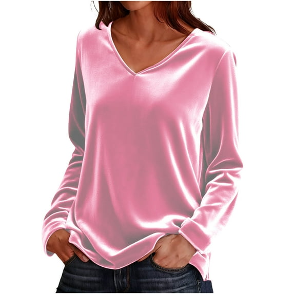 Ltctricy Velvet Tops for Women Vintage Long Sleeve V Neck Dressy Casual Velour T Shirts Soft Comfy Tees Loose Tunic Blouses(Pink,Medium)