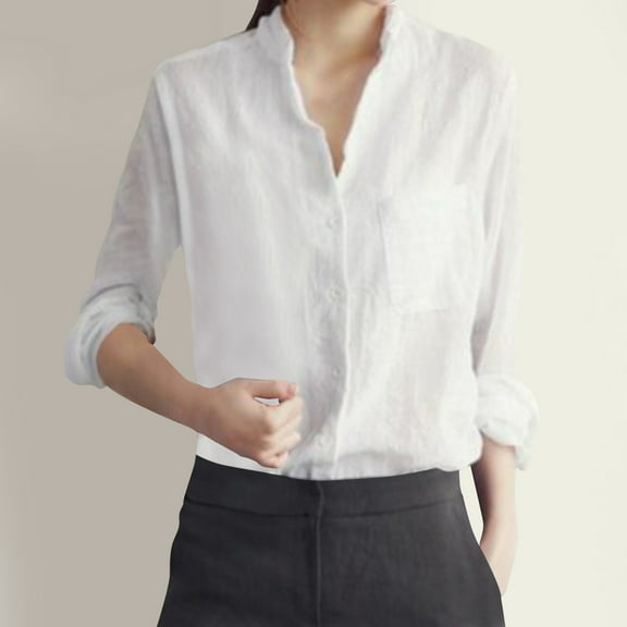 Ltctricy Women's Button down Shirts Mock Neck Long Sleeve Cotton Linen Tops Loose Casual Blouses with Pockets