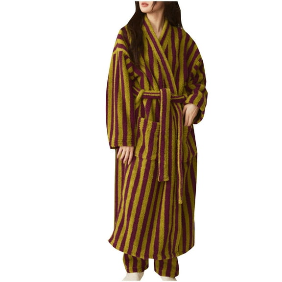 Ltctricy Women Fleece Robe Soft Winter Warm Plush Fuzzy Bathrobe Comfy Lounge Striped House Coat with Belt Pockets