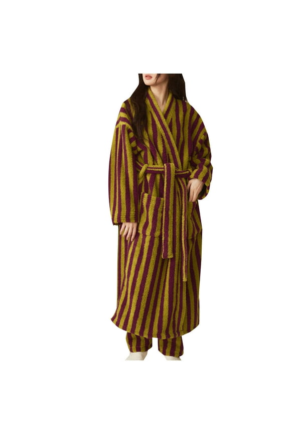 Women Fleece Robe Soft Winter Warm Plush Fuzzy Bathrobe Comfy Lounge Striped House Coat with Belt Pockets