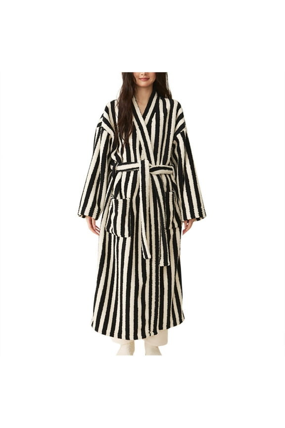 Women Fleece Robe Soft Winter Warm Plush Fuzzy Bathrobe Comfy Lounge Striped House Coat with Belt Pockets