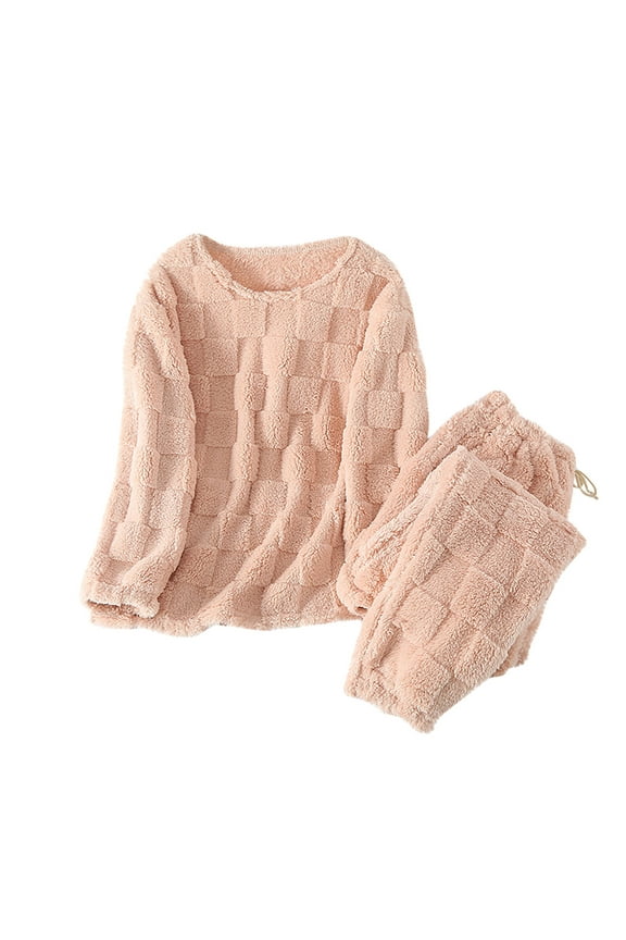 Women's 2 Piece Fluffy Pajamas Fuzzy Fleece Long Sleeve Crew Neck Pullover Sweater Tops and Pants Plush Lounge Sets(Pink,X-Large)