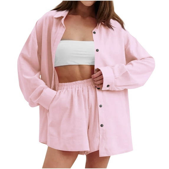 Ltctricy Women's 2 Piece Outfits Cotton Linen Long Sleeve Collared Oversized Button down Shirts and Shorts Matching Lounge Sets(Pink,Small)
