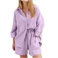 thumbnail image 1 of Ltctricy Women's 2 Piece Outfits Loose Long Sleeve Lapel Button Down Shirts and Baggy Shorts Casual Trendy Sets, 1 of 6