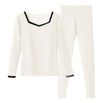 Ltctricy Women's 2 Piece Thermal Underwear Sets Casual Fleece Lined Long Sleeve Square Neck Tops and Tapered Pants Lounge Outfits
