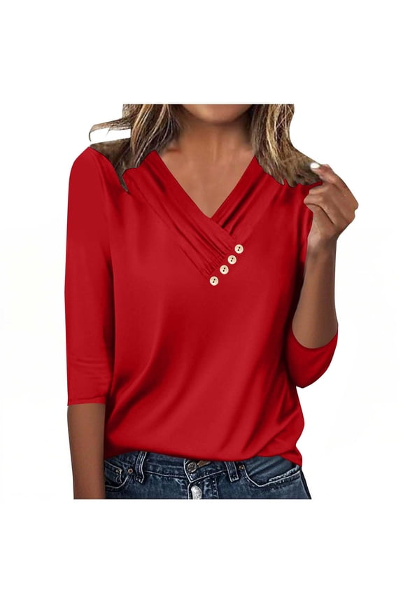 Women's 3/4 Length Sleeve Tops Fashion Crossover V Neck Dressy Casual T Shirts Soft Tunic Blouses